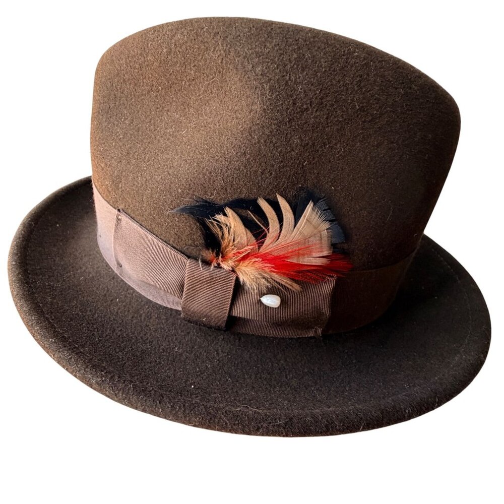 Vintage Men’s Brown LiteFelt Fedora by Capas Design Tan & Red Feather Accent - Picture 7 of 8